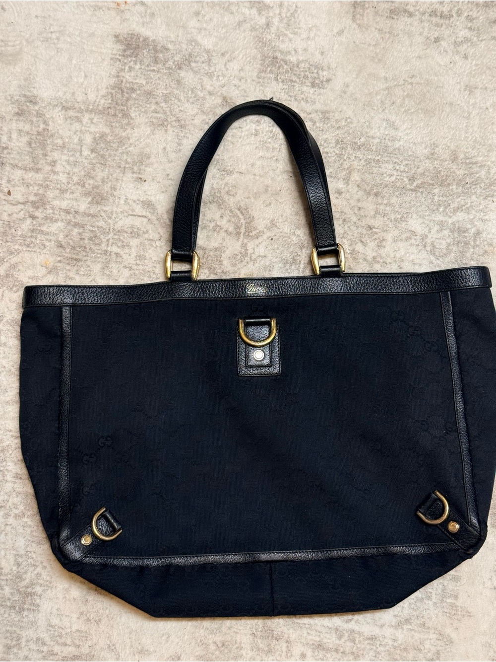 Gucci Abbey GG Canvas Tote Bag Black Leather Trim D-Ring Shoulder Purse